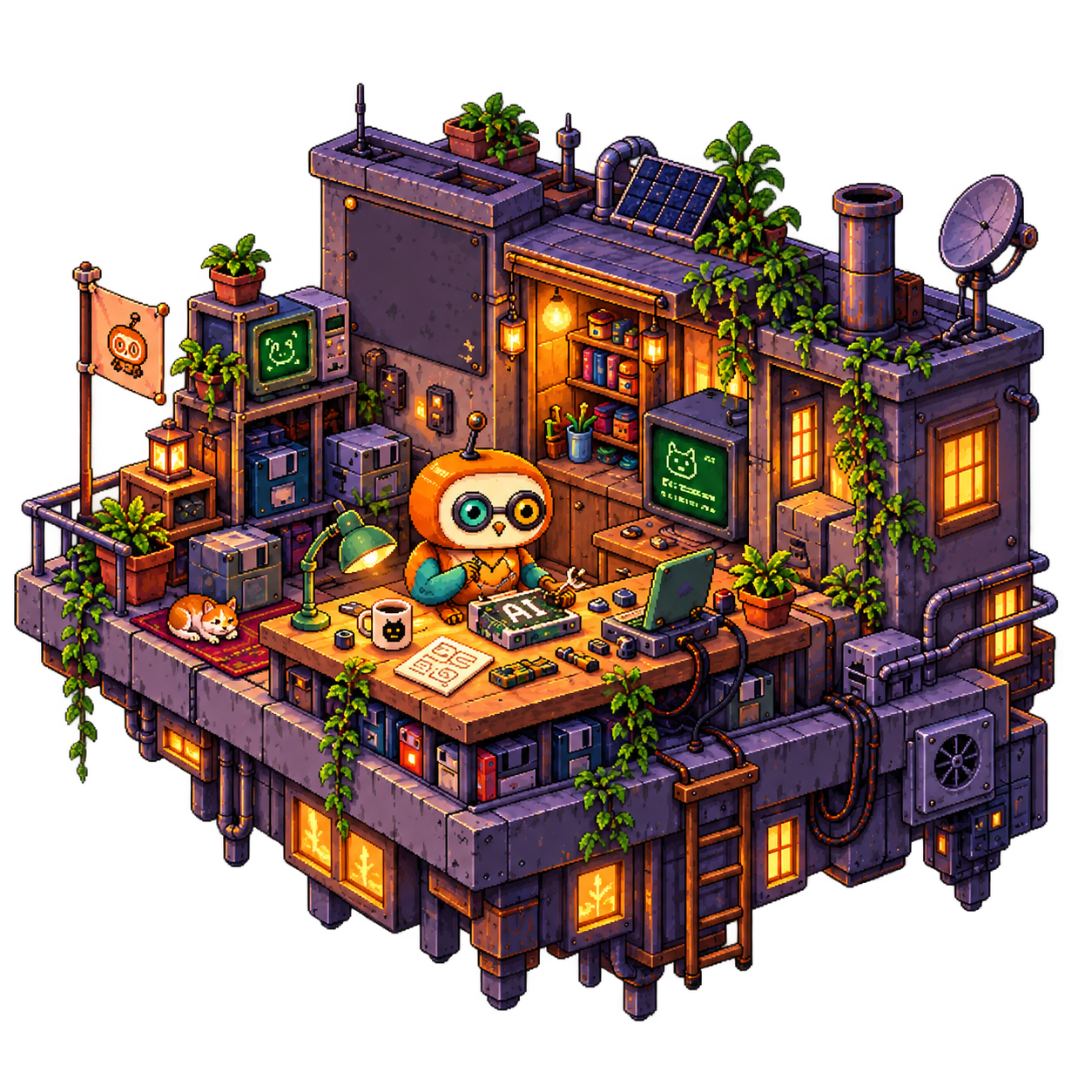 An owl robot tinkering in a floating pixel-art workshop while an orange cat naps beside the desk.